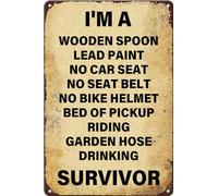 Letrero metálico vintage "I'M A Survivor" (Soy un superviviente), divertido y retro para decoración del hogar, ideal para garaje, sala de estar, cueva de hombre, bar, dormitorio, oficina o cafetería.