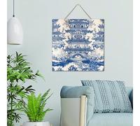 Letrero moderno para decoración de pared, tablón de madera, estilo chinoiserie, pagoda asiática, porcelana blanca y azul, bonito arte de pared, letrero de madera de 30.5 x 30.5 cm, color turquesa