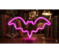 Letrero Neón de Murciélago, Luz neón LED, Color Rosa, Decoración de Pared con base metacrilato transparente, cadena, cable de 1.5 m y alimentación 12 v medidas 35x18 cm