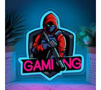 Letrero Neón Gaming Con Diseño Táctico Con Capucha,Lámpara De Pared LED Para Sala De Juegos Y Habitación Juvenil,Iluminación Para Juegos De Disparos,Regalo Para Gamers,Alimentado Por USB(13.4"*12.6")