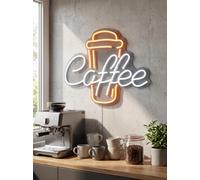 Letrero neón LED café 40x30 cm USB-C para pared y mural en acrílico premium | Decoración multicolor verde, amarillo y rosa con ganchos y acrílico transparente para bar, pub, cocina o sala de juegos.