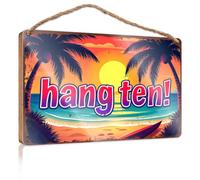 Letrero para colgar en la pared, diseño de bosque Surf'S Up: Hang Ten At Sunset Beach! Letrero de madera para baño, decoración divertida para sala de juegos (15 x 28 cm)