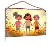 Letrero para colgar en la puerta, con texto en inglés "Happy Children In A Field Of Flowers At Sunset Wooded", letreros divertidos para puerta delantera de baño (15 x 28 cm)