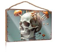 Letrero para porche delantero, calavera con setas: una fusión surrealista de naturaleza y anatomía, letrero de madera divertido para puerta delantera (20 x 30 cm)