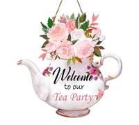 Letrero para puerta con decoración para fiesta de té, placa colgante para puerta con forma de tetera colorida, letrero de bienvenida con temática floral para fiesta, decoración para fiesta de té para