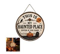 Letrero para puerta de Halloween con texto en inglés "This Is My Haunted Place", decoración espeluznante para el porche frontal, placa rústica para colgar con calabaza y cuervo (30 * 30cm)