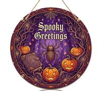 Letrero para puerta de Halloween Spooky Greetings Spider Pumpkins, 12 x 12