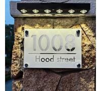 Letrero personalizado con luces solares LED para exteriores, números de casa, dirección familiar, nombre, jardín, placa acrílica 3D (blanco (texto plateado), 15 x 22 cm