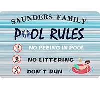 Letrero personalizado de reglas de piscina con texto en inglés "No Peeing In Pool No Littering Don't Run Home Pool Decoration" de madera/metal, letrero vintage oxidado de aspecto envejecido