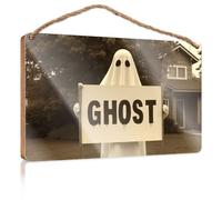 Letrero personalizado para puerta delantera, un fantasma sosteniendo un cartel que dice "fantasma", decoración de baño, decoración de pared para dormitorio (15 x 28 cm)