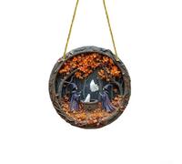 Letrero redondo de madera para puerta de Halloween con diseño artístico de cinco brujas para puerta delantera o porche, decoración de temporada (dos)