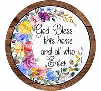 Letrero redondo de metal con diseño de corona con texto en inglés "God Bless This Home And All The Flowers Going Into Spring", divertido letrero de estaño para bar, café, hogar, cocina, habitación