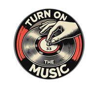 Letrero redondo de metal con diseño de disco de vinilo con texto en inglés "Turn On The Music" para cafetería, bar, pub, decoración de pared del hogar, póster de metal de 8 x 8 pulgadas