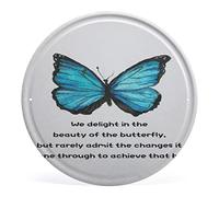 Letrero redondo de metal con diseño de flores de primavera y verano con texto en inglés «We delight in the beauty of the butterfly» para decoración de jardín y hogar retro de 6 pulgadas
