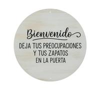 Letrero redondo de metal con texto en inglés "Welcome Leave Your Worries And Shoes at The Door" (Bienvenida francesa, deja tus preocupaciones y zapatos en la puerta)