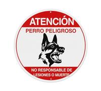 Letrero redondo de metal de estilo vintage con texto en inglés "Attention Dangerous Dog Not Responsible For Injuries Or Death" (20.3 x 20.3 cm)