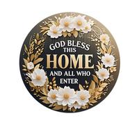 Letrero redondo de metal retro con texto en inglés "God Bless This Home And All Who Enter para cafetería, bar, pub, hogar, sala de juegos, gimnasio, club, decoración de pared, póster de metal vintage