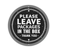 Letrero redondo de metal retro con texto en inglés "Please Leave Packages In The Box" para cafetería, bar, pub, hogar, sala de juegos, gimnasio, club, decoración de pared, póster de metal vintage de 8