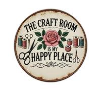 Letrero redondo de metal retro con texto en inglés "The Craft Room Is My Happy Place", decoración de pared para el hogar, bar, cafetería, póster de metal de 8 x 8 pulgadas