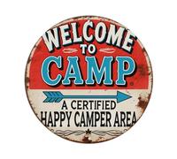 Letrero redondo de metal retro con texto en inglés "Welcome To Camp" Certified Happy Camper Area, decoración de pared para el hogar, bar, cafetería, póster de metal de 8 x 8 pulgadas
