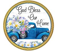 Letrero redondo de metal rústico para decoración de pared, letreros de Navidad con texto en inglés "God Bless This Home" (Dios bendiga este hogar), letrero de margaritas de primavera, letrero de