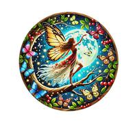 Letrero redondo de metal vintage con diseño de hada con alas y mariposas, luna, noche, flores, hojas, para oficina, sala de estar, bar, decoración de pared, 8 x 8 pulgadas