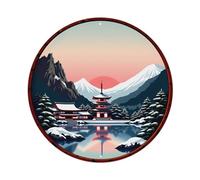 Letrero redondo de metal vintage con diseño de paisaje japonés, templo, nieve, montañas, hogar, bar, jardín, decoración de pared interior y exterior, póster de metal retro de 8 x 8 pulgadas