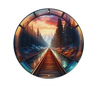 Letrero redondo de metal vintage con diseño de puesta de sol, bosque, tren, pistas, montañas, decoración de pared para interiores y exteriores, póster de metal retro de 8 x 8 pulgadas