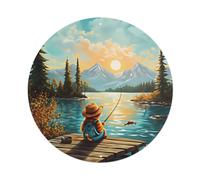 Letrero redondo de metal vintage con escena de pesca en el lago pacífico, montañas otoñales, para cafetería, bar, pub, decoración de pared del hogar, póster de metal de 8 x 8 pulgadas