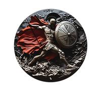 Letrero redondo de metal vintage con lanza y escudo en pose de batalla de guerrero antiguo con lanza y escudo en posición de batalla, póster de metal retro para oficina, sala de estar, bar, decoración