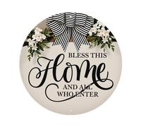 Letrero redondo de metal vintage con texto en inglés "Bless This Home And All Who Enter" para oficina, sala de estar, bar, decoración de pared, 20,3 x 20,3 cm