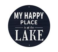 Letrero redondo de metal vintage con texto en inglés "My Happy Place Is At The Lake" para oficina, sala de estar, bar, decoración de pared, 8 x 8 pulgadas