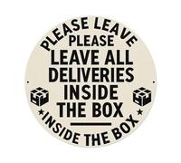 Letrero redondo de metal vintage con texto en inglés "Please Leave All Deliveries Inside The Box" para decoración de pared interior y exterior, 8 x 8 pulgadas