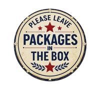 Letrero redondo de metal vintage con texto en inglés "Please Leave Packages In The Box" para cafetería, bar, pub, decoración de pared del hogar, póster de metal de 8 x 8 pulgadas