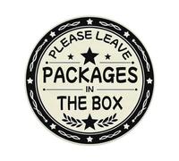 Letrero redondo de metal vintage con texto en inglés "Please Leave Packages In The Box" para decoración de pared interior y exterior, póster de metal retro de 8 x 8 pulgadas