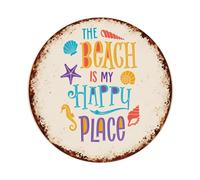 Letrero redondo de metal vintage con texto en inglés "The Beach Is My Happy Place" para oficina, sala de estar, bar, decoración de pared, 20,3 x 20,3 cm