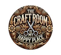 Letrero redondo de metal vintage con texto en inglés "The Craft Room Is My Happy Place" para oficina, sala de estar, bar, decoración de pared, 20,3 x 20,3 cm