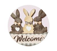 Letrero redondo de metal vintage con texto en inglés "Three Bunnies With Hearts And Bow Ties On Welcome" para decoración de pared para el hogar, bar, jardín, 8 x 8 pulgadas