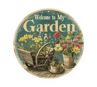Letrero redondo de metal vintage con texto en inglés "Welcome to My Garden" para decoración de pared, póster de metal de 20 x 20 cm