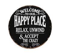 Letrero redondo de metal vintage con texto en inglés "Welcome To Our Happy Place" Relax Unwind Accept The Crazy - Cartel de metal retro para oficina, sala de estar, bar, decoración de pared, 8 x 8
