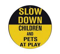Letrero redondo retro de hojalata Slow Down Children And Pets At Play, letrero de metal vintage para decoración de pared para el hogar, bar, cafetería, póster de metal de 8 x 8 pulgadas
