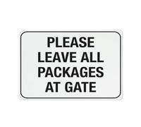 Letrero reflectante de aluminio con texto en inglés "Please Leave All Packages At Gate", 30,5 x 20,3 cm, con protección UV, impermeable, resistente a la intemperie y a la decoloración, 4 agujeros