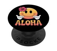 Letrero Retro Aloha Happy Face Shaka con Flor de Hibisco Hawaiano PopSockets PopGrip Adhesivo