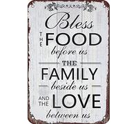 Letrero retro de hojalata "Bless Food Before Us Family Beside Us Love Between Us", letrero de metal para garaje, decoración del hogar, bares, póster artístico vintage para panadería, cocina, cafetería