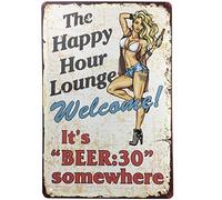 Letrero retro de hojalata con texto en inglés "Happy Hour Lounge" para regalo para dormitorio, cafetería, tienda, 30,5 x 20,3 cm