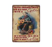 Letrero retro de lata de 5.5 x 8 pulgadas, nunca subestimes a un anciano con guitarra, regalo de jubilación para hombres, papá, tío, abuelo, música, arte de pared para casa, oficina, cafetería, bar