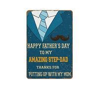 Letrero retro de metal de estaño con texto en inglés "Happy Father's Day to My Amazing Step Dad Putting Up with My Mom Daddy" (Feliz día del padre a mi increíble padrastro con texto en inglés)