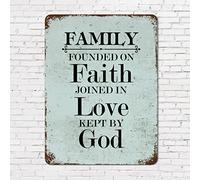 Letrero retro de metal óxido de 30,5 x 40,6 cm con texto en inglés "Family Founded on Faith Joined in Love Kept By God", letrero de aluminio vintage con cita de aliento para oficina, sala de estar