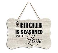 Letrero rústico de madera colgante con texto en inglés "This Kitchen Is Seasoned With Love" para decoración de pared del hogar, sala de estar, dormitorio, granja, oficina, 4 x 6 pulgadas