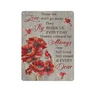 Letrero rústico de metal con amapola brillante, cardenal rojo y la frase "Aquellos que amamos no se van al cielo". Impresiones de retratos, arte mural de 30x40 cm (12x16 pulgadas).